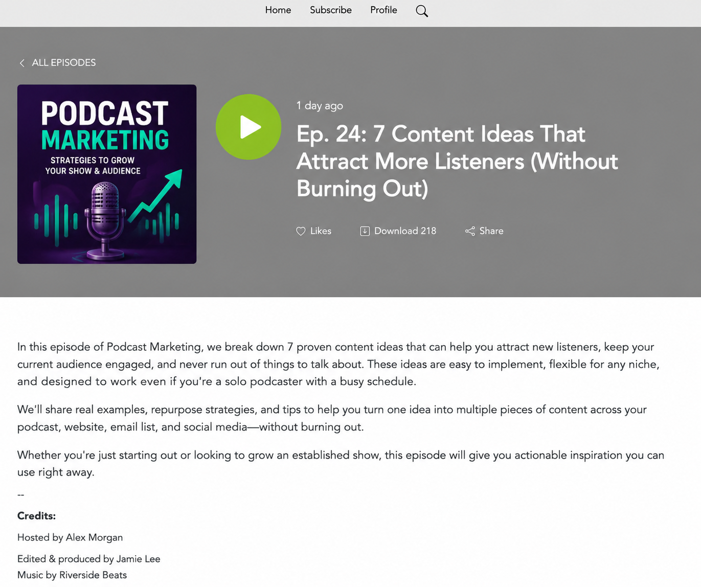 Default Podbean episode landing page