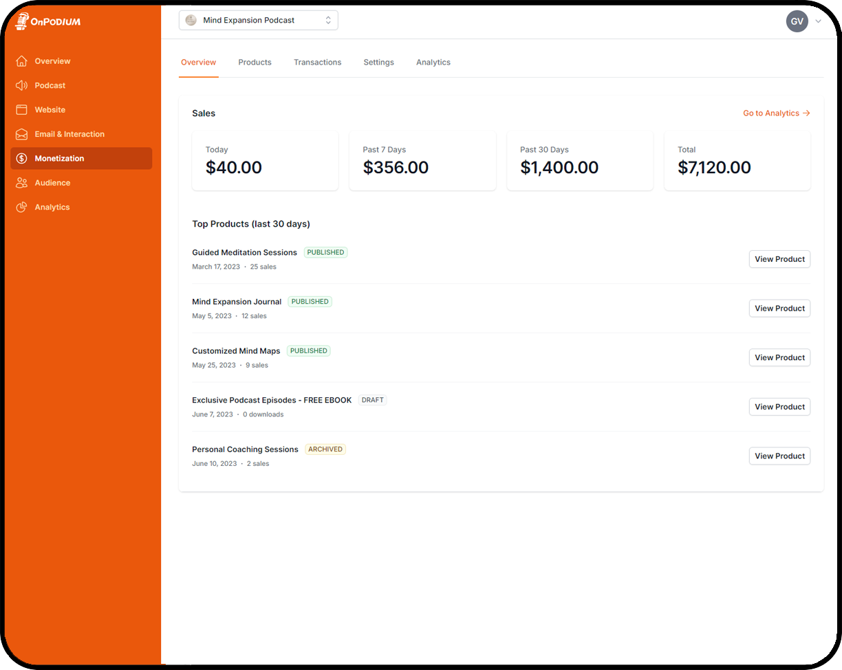 OnPodium dashboard - monetize